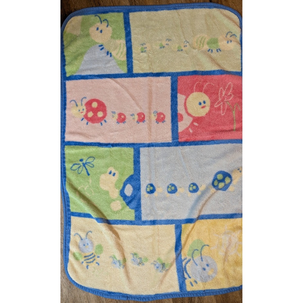 Riegel Baby Blanket 30x45 Blue Multi Color Bug Ladybug Bee Caterpillar USED